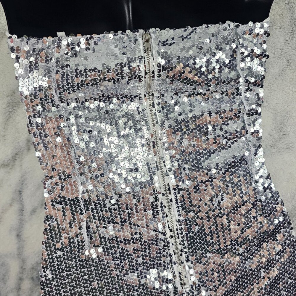 Dolls Kill Mable Small Double Bow Cutout Silver Sequin MiniDress - Picture 3 of 7